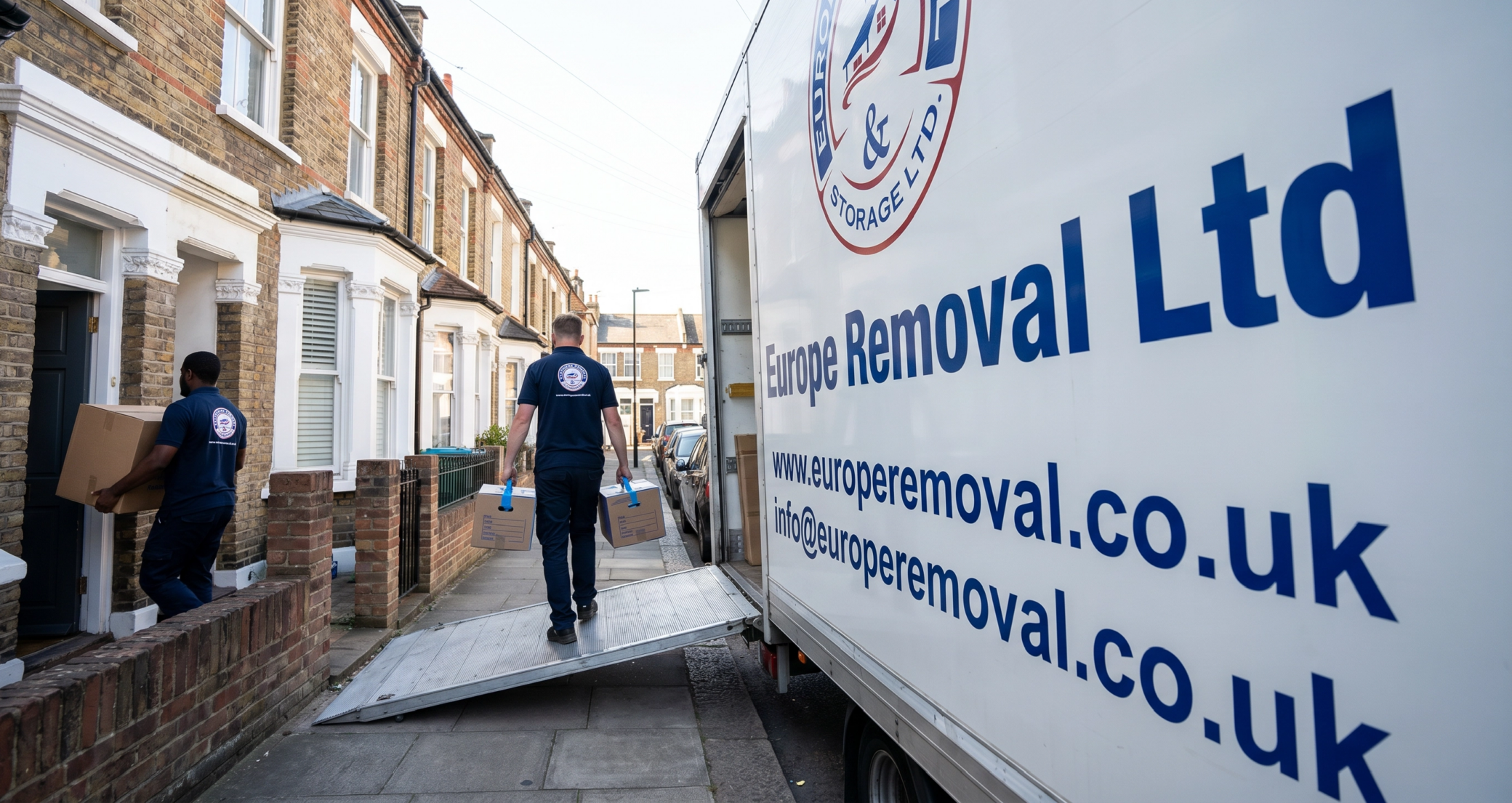 Removal workers loading boxes into van