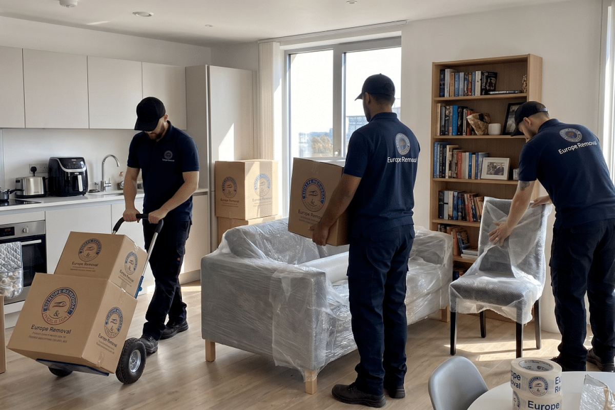 Removal workers packing a modern apartment