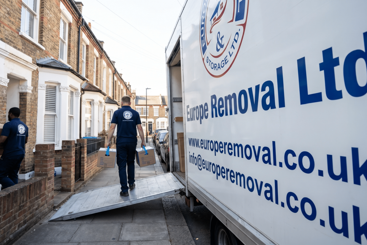 Removal workers loading boxes into van